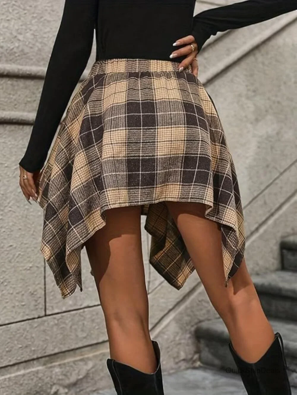 High Waisted Asymmetrical Hem Plaid Mini Skirt